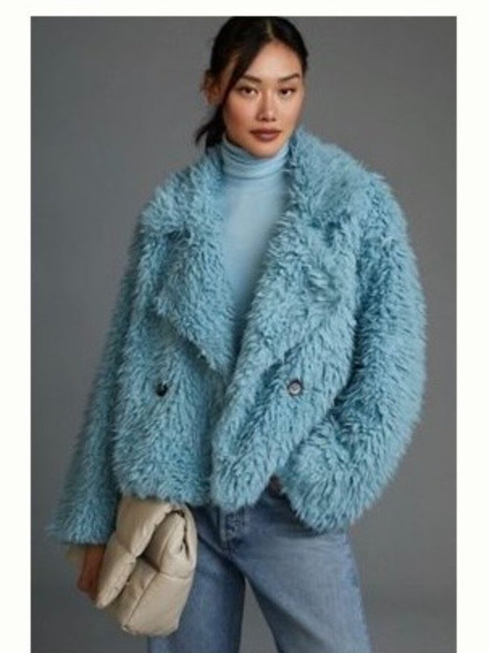 By Anthropologie shaggy faux-fur jacket in a beautiful soft powder/icy blue